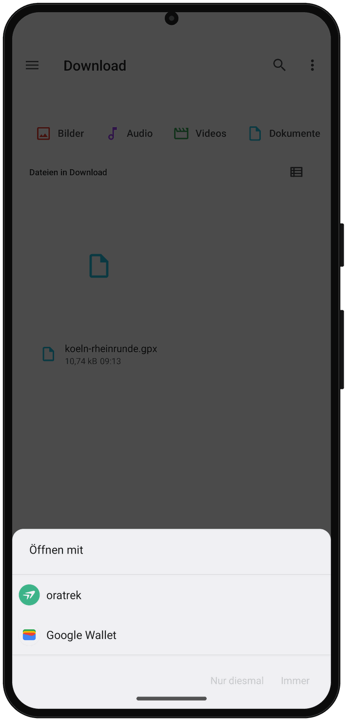 App „Dateien“ im Ordner Download mit der Datei koeln-rheinrunde.gpx und dem Auswahlfenster „Öffnen mit“, oratrek an erster Stelle