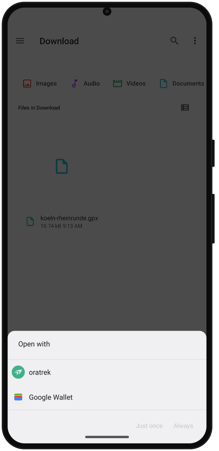 Files app in the Download folder with the file koeln-rheinrunde.gpx and the “Open with” sheet, oratrek listed first