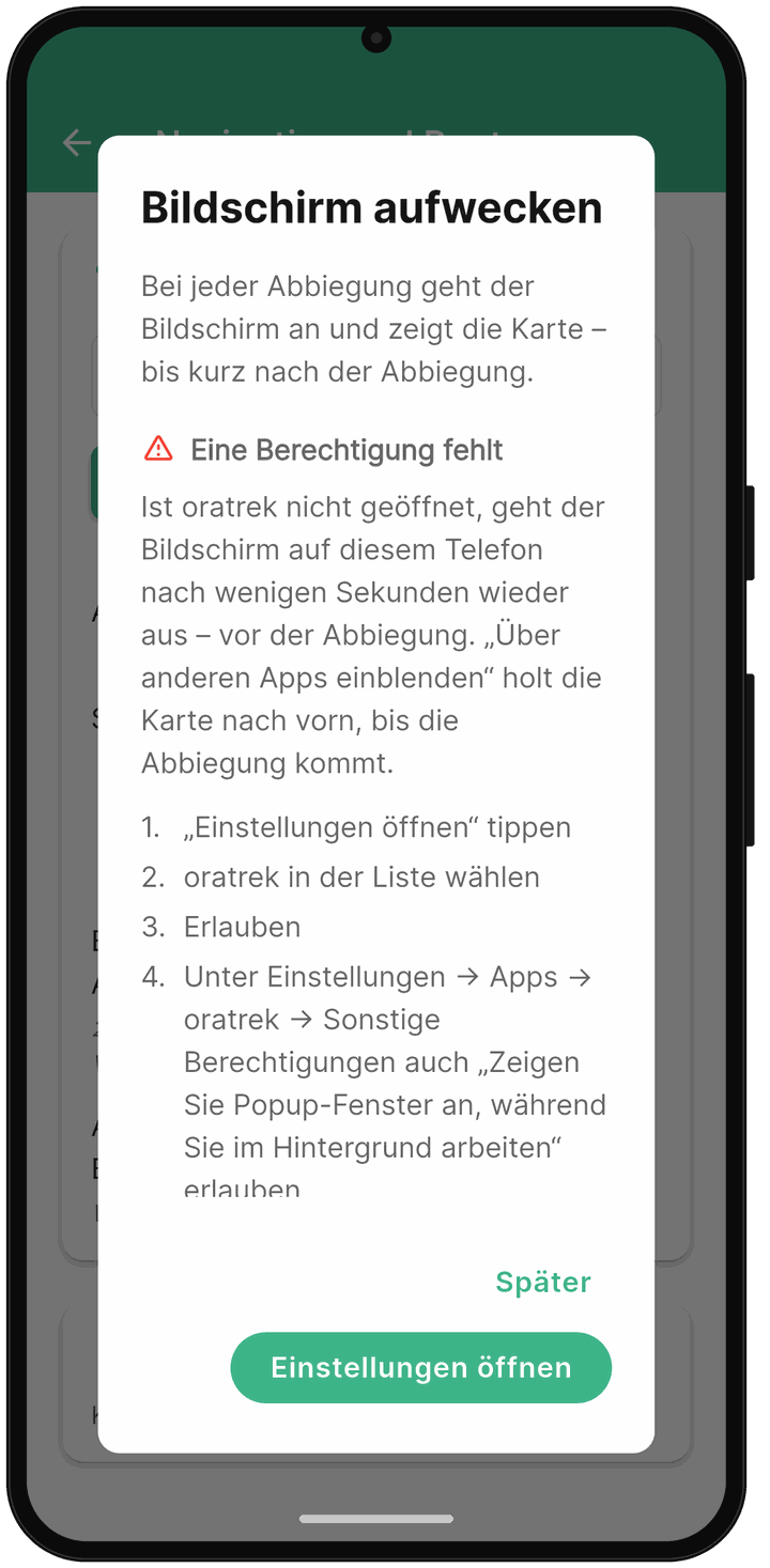 oratrek-Dialog „Bildschirm aufwecken“ mit dem Abschnitt „Eine Berechtigung fehlt“ und dem Button „Einstellungen öffnen“