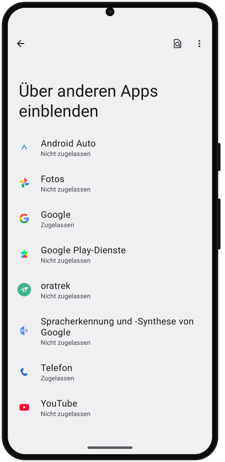 Android-Liste „Über anderen Apps einblenden“ mit dem Eintrag oratrek