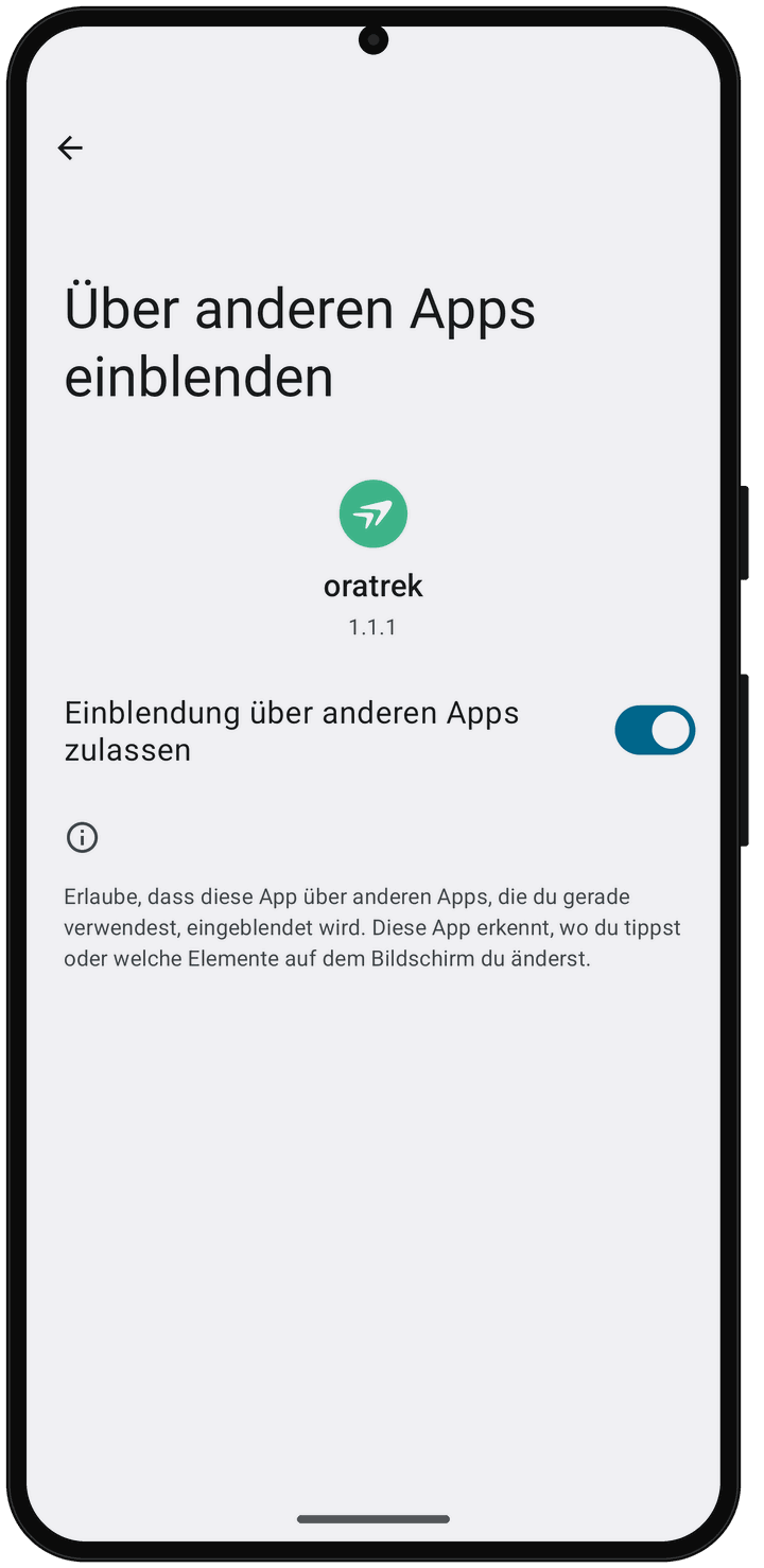 Schalter „Einblendung über anderen Apps zulassen“ für oratrek, eingeschaltet