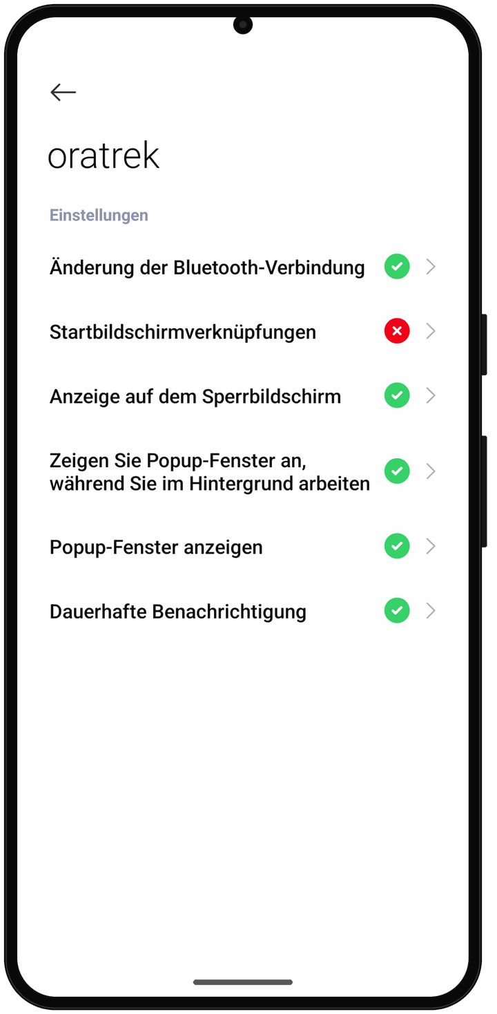 MIUI-Seite „Sonstige Berechtigungen“ für oratrek mit den drei erlaubten Einträgen