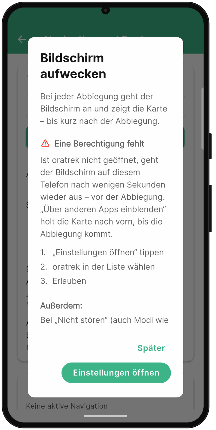 oratrek-Dialog auf Samsung mit „Eine Berechtigung fehlt“ und dem Hinweis zu „Nicht stören“