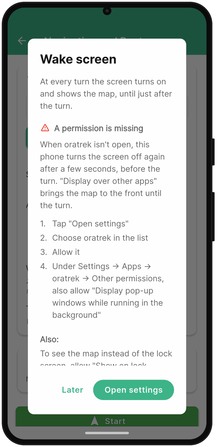 oratrek dialog “Wake screen” with the section “A permission is missing” and the “Open settings” button