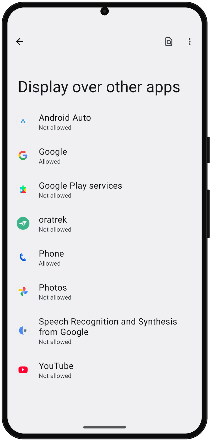 Android list “Display over other apps” with oratrek