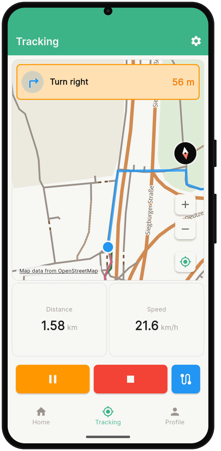 Locked phone: oratrek shows the map with the cue “Turn right 56 m”