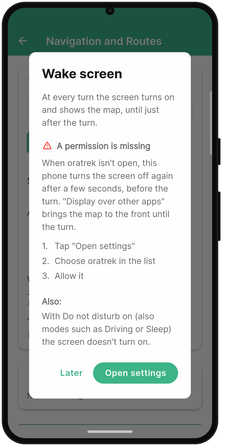 oratrek dialog on Samsung with “A permission is missing” and the Do not disturb note