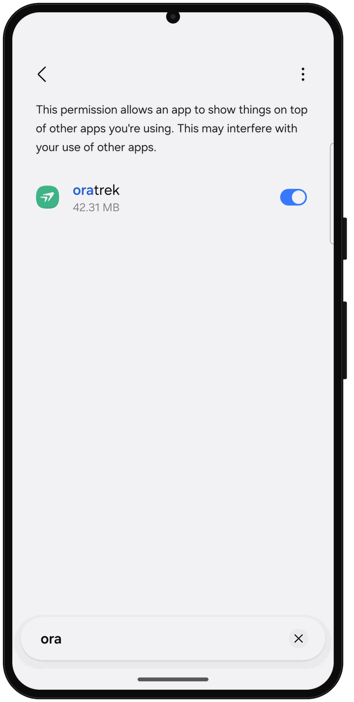 Samsung list “Appear on top”, filtered to oratrek, switch turned on