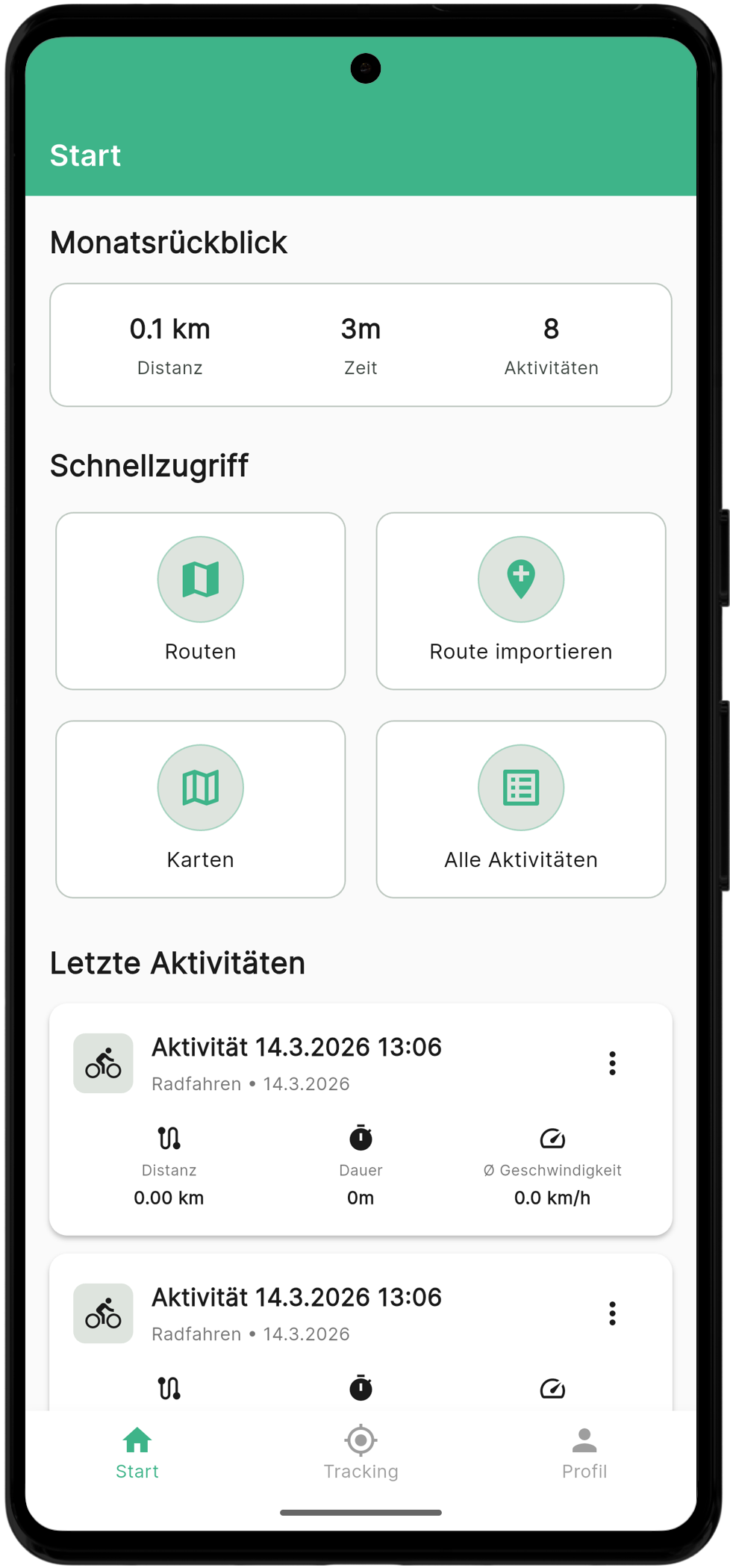 Startansicht der App mit Schnellzugriffen und Aktivitäten
