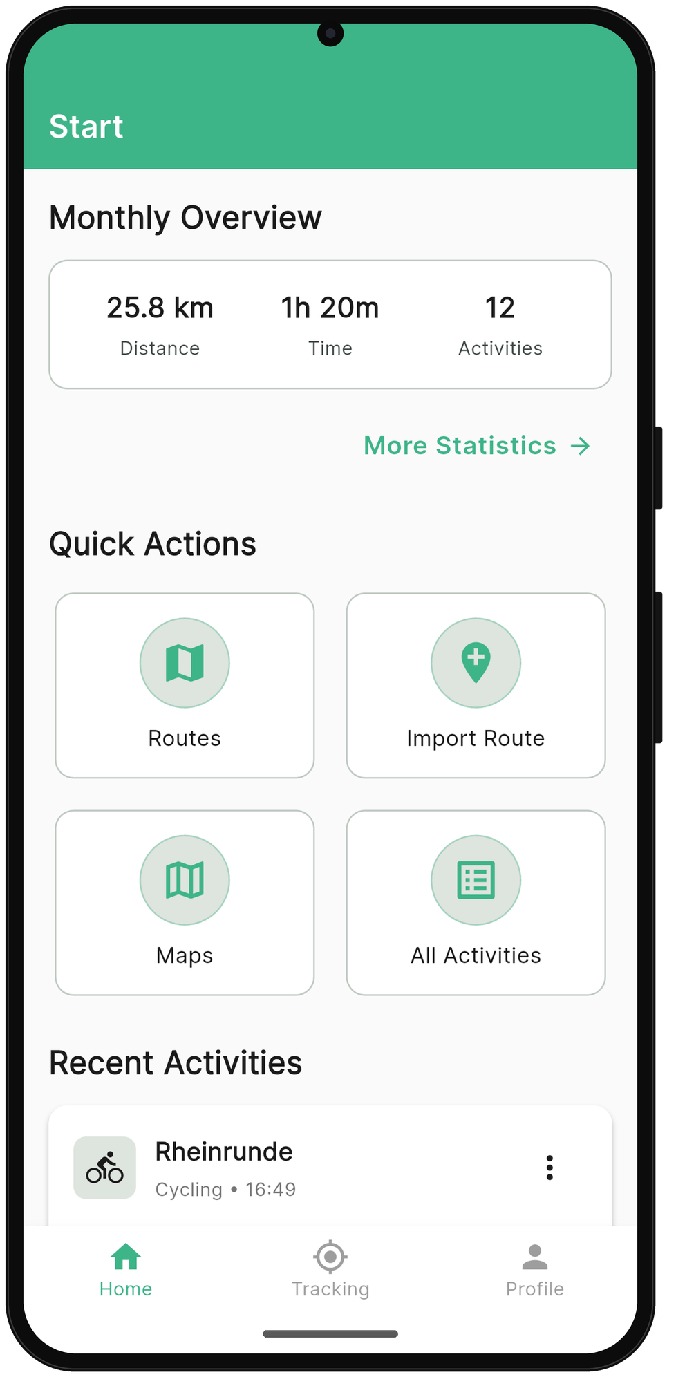 App home screen with quick actions and activities